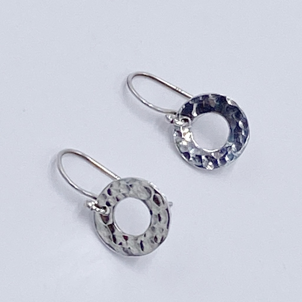 Sterling Silver 925 Hammered Circle Dainty Dangle Earrings